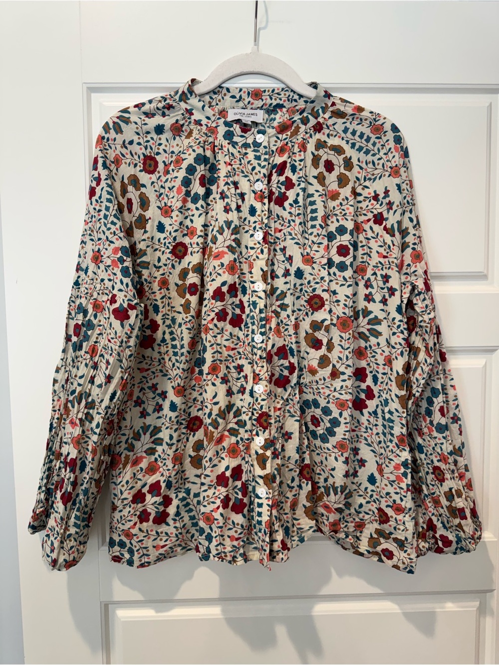 Olivia James The Label M White Floral Cotton Block Print Button Down Shirt